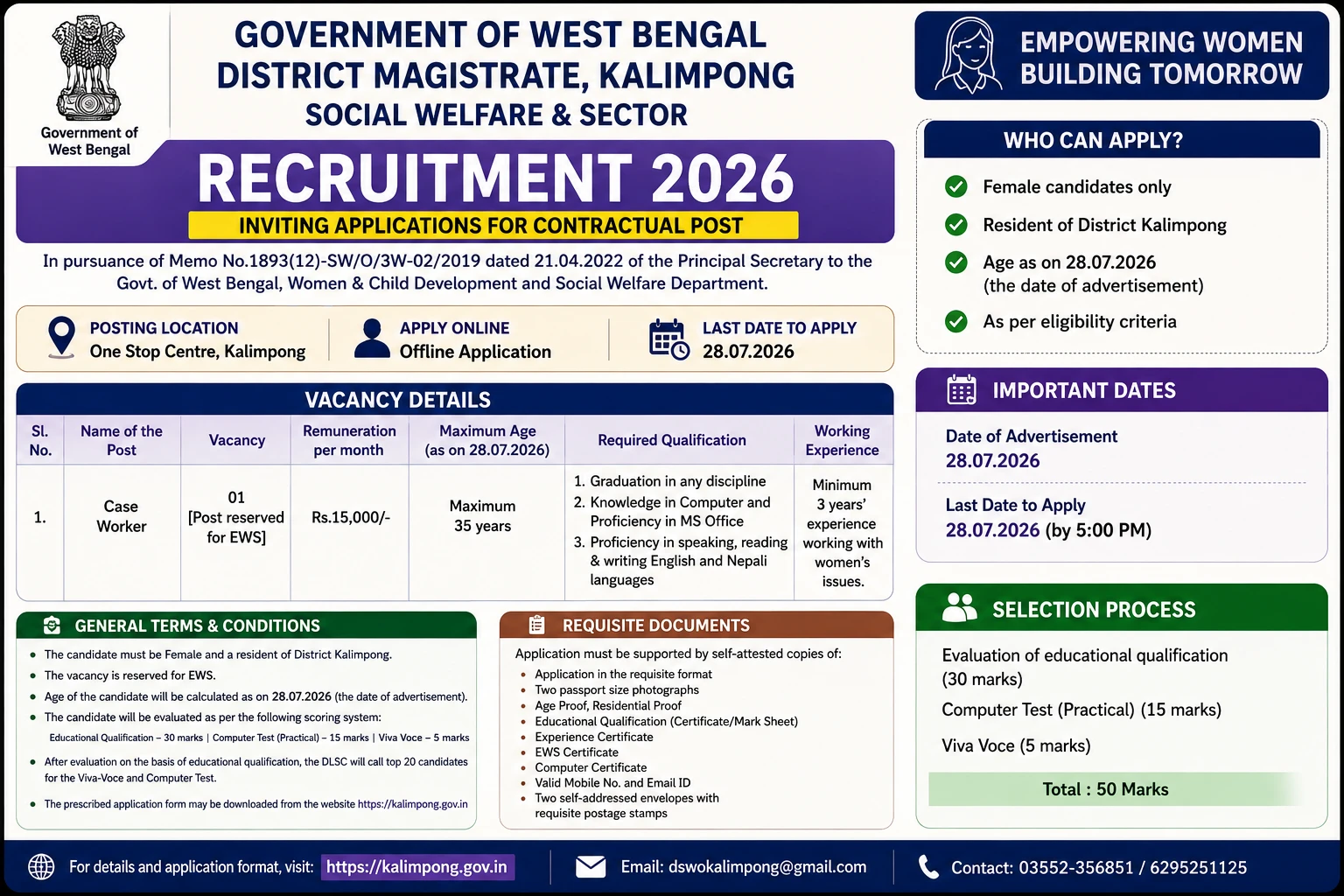 Case Worker Recruitment at One Stop Centre, Kalimpong - Contractual Post