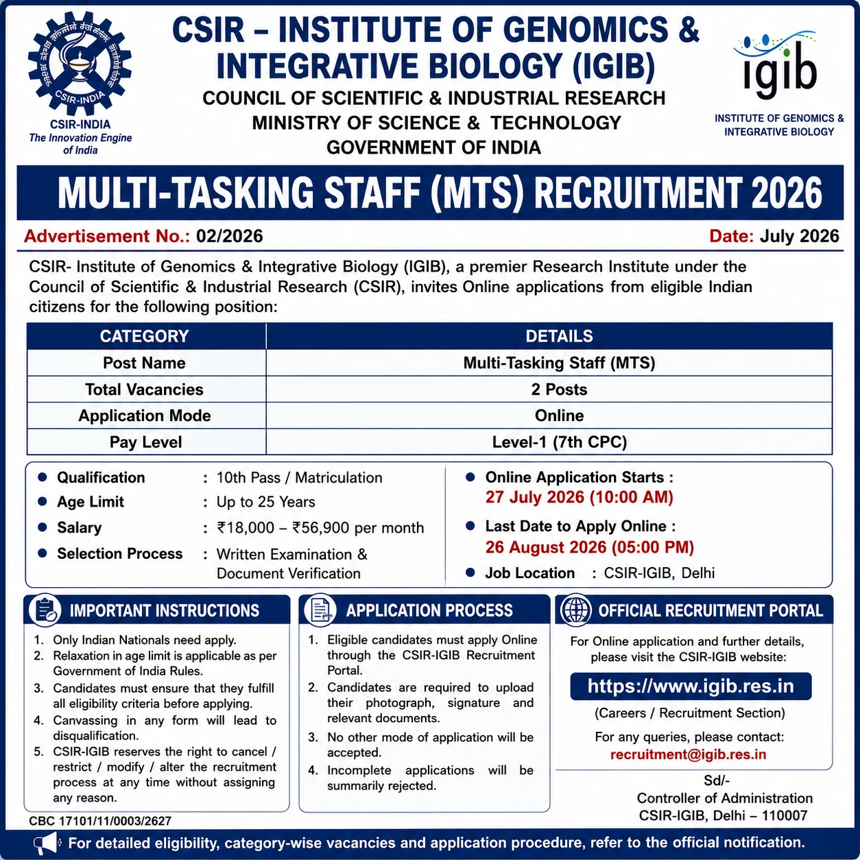 CSIR-IGIB Multi-Tasking Staff Recruitment 2026 - 2 Posts