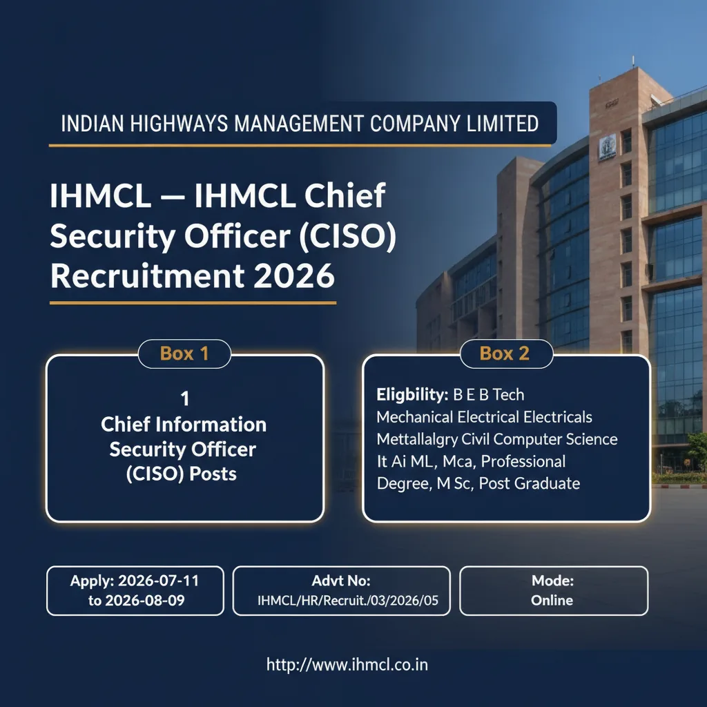 IHMCL Recruitment 2026: Apply Online for Chief Information Security Officer (CISO) Post – Salary up to ₹2.6 Lakh (IDA E-7), Last Date 9 August