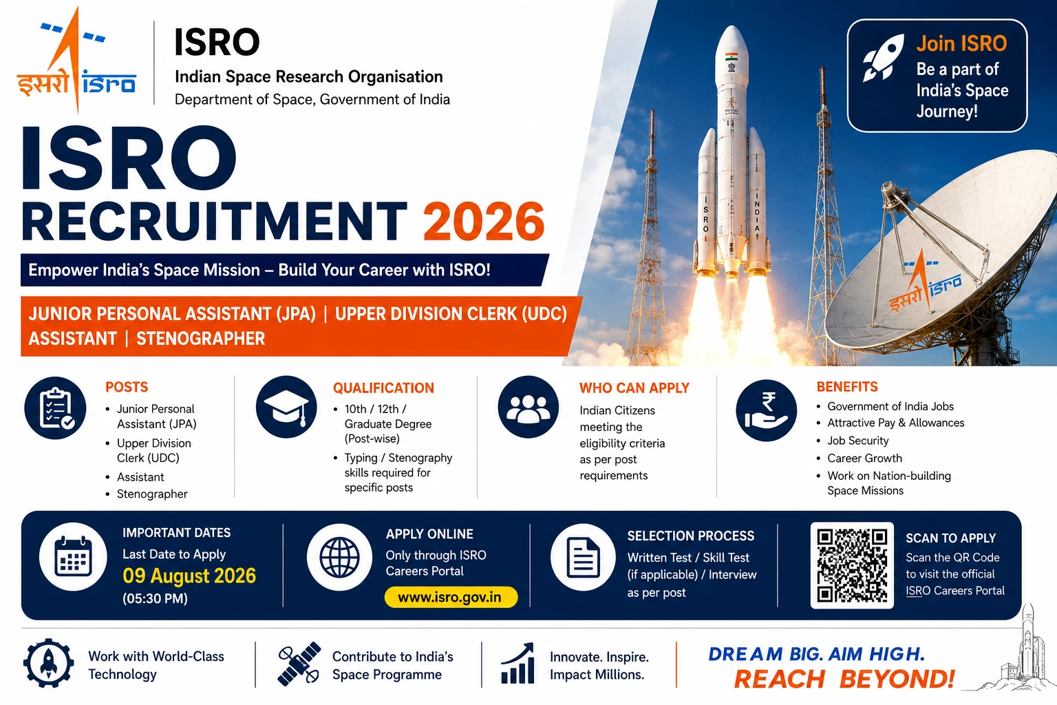 ISRO Recruitment 2026 for Assistants, Junior Personal Assistants, Upper Division Clerk and Stenographers - 242 Posts