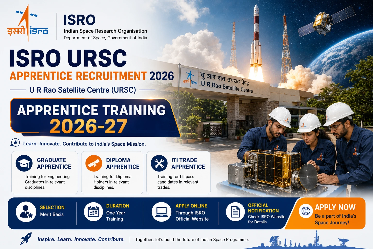 ISRO URSC Apprenticeship 2026-27 for Graduate, Technician & Commercial Practice