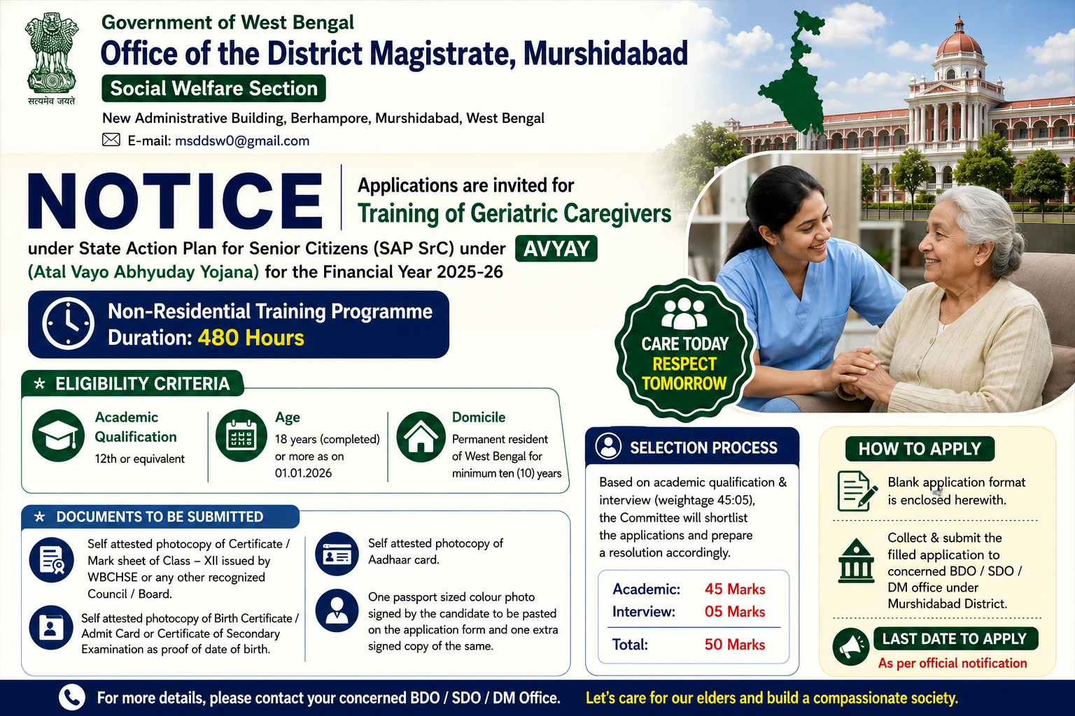 Murshidabad Geriatric Caregiver Training 2026 under AVYAY – Free 480-Hour Course, 12th Pass, Apply Offline