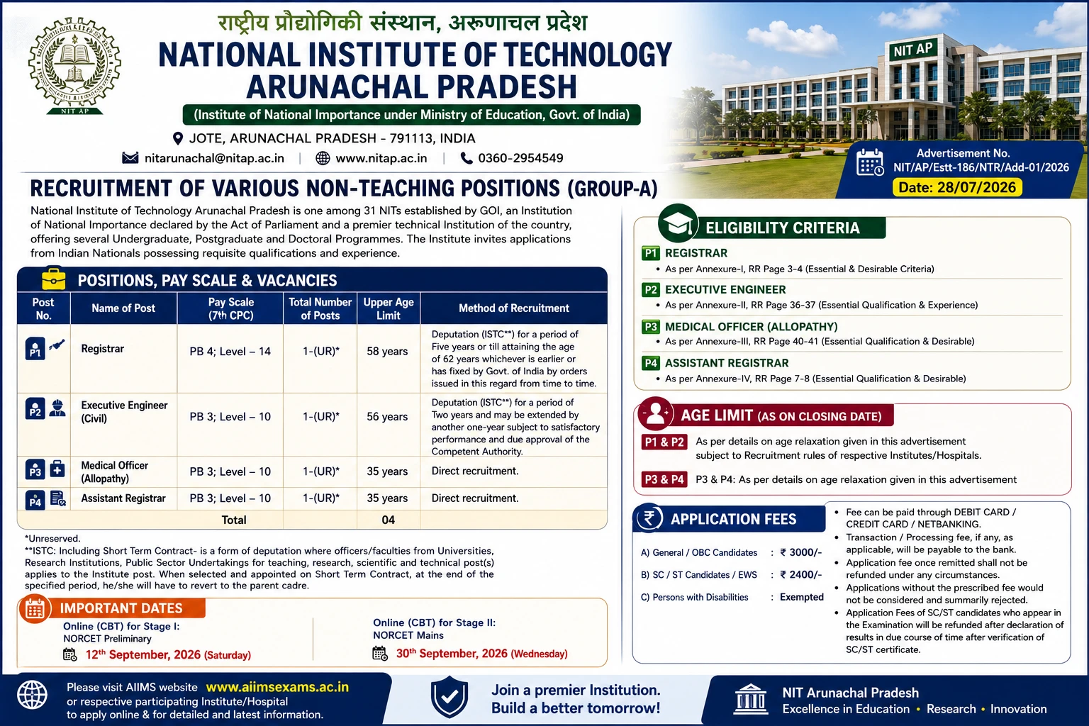 NIT Arunachal Pradesh Recruitment of Non-Teaching Positions (Group-A) 2026