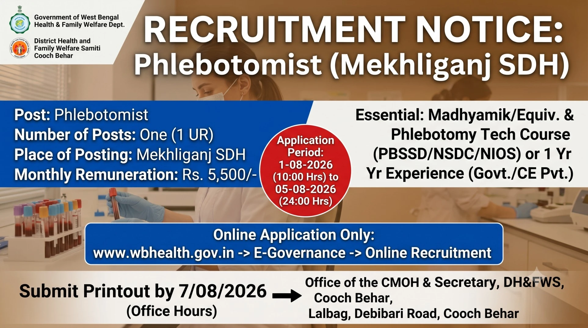 Phlebotomist Recruitment 2026 - District Health & Family Welfare Samiti, Cooch Behar
