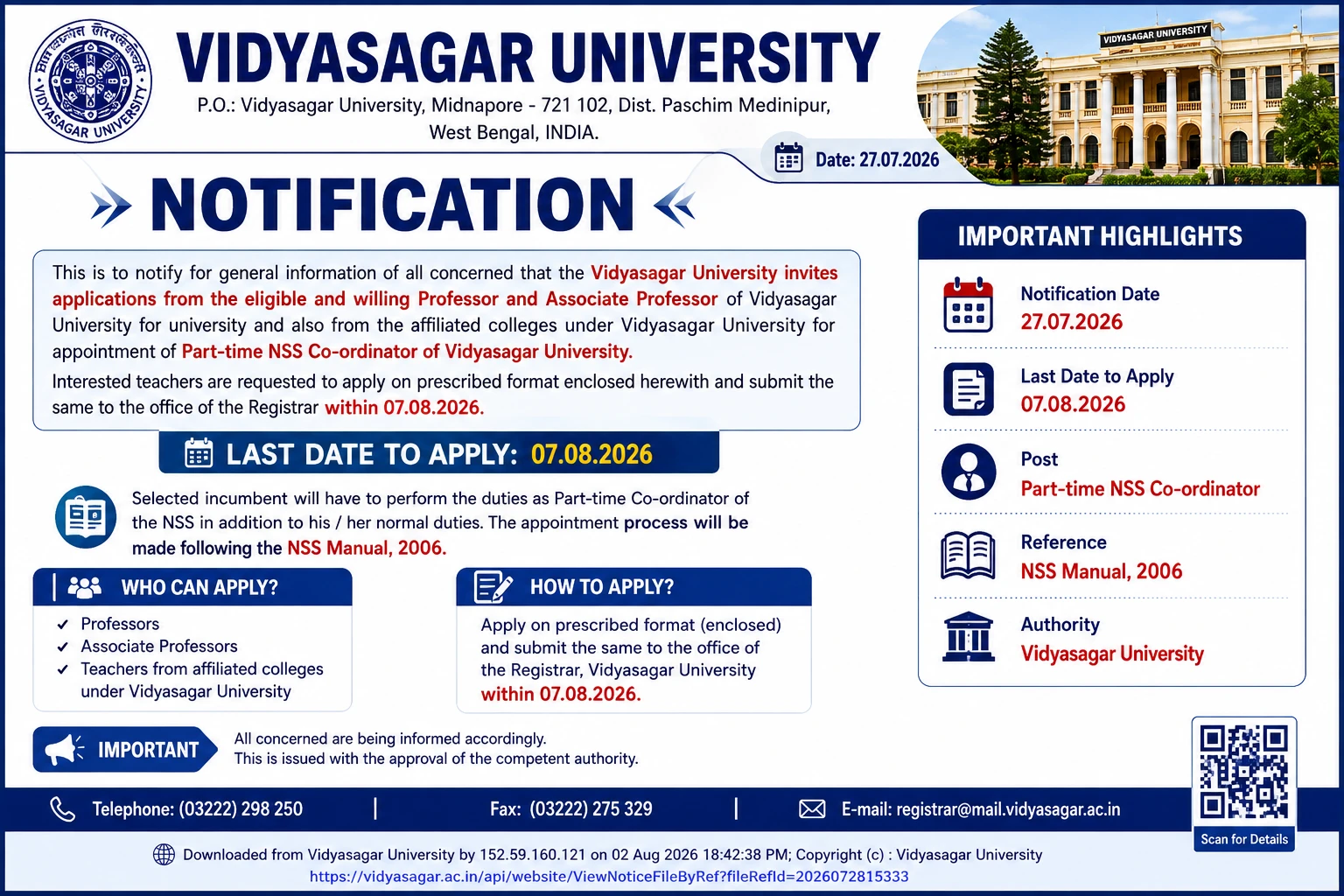 Vidyasagar University Part-time NSS Co-ordinator Recruitment